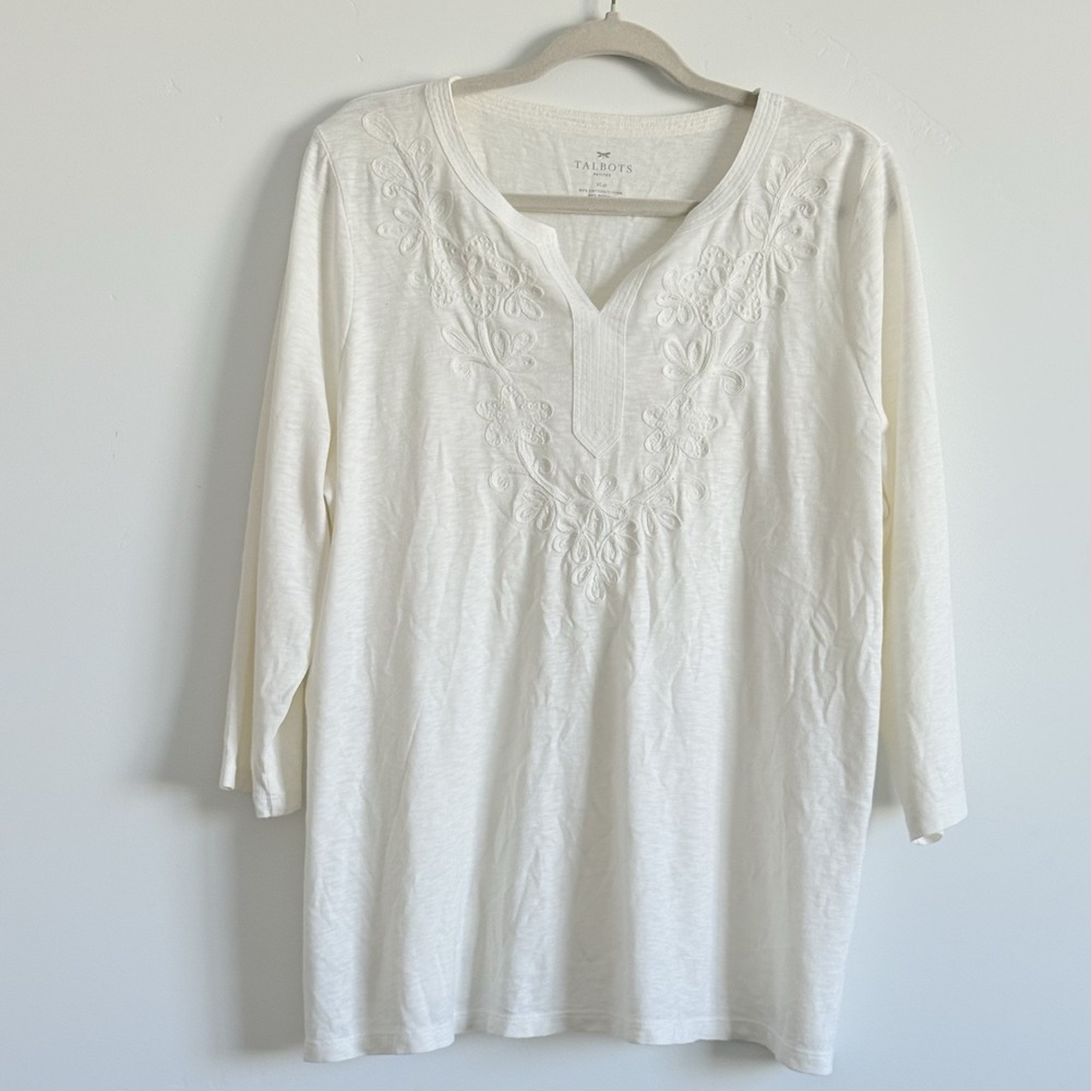 Talbots Top XLP White Cotton Tee White Embellished Scandi Vacay Party Travel